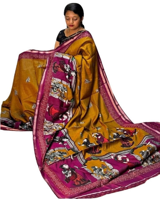 Generic Women's Linen Kalamkari Printed Saree With Unstitched Blouse - 5.5 Mtr (Mustard Yellow-Magenta)