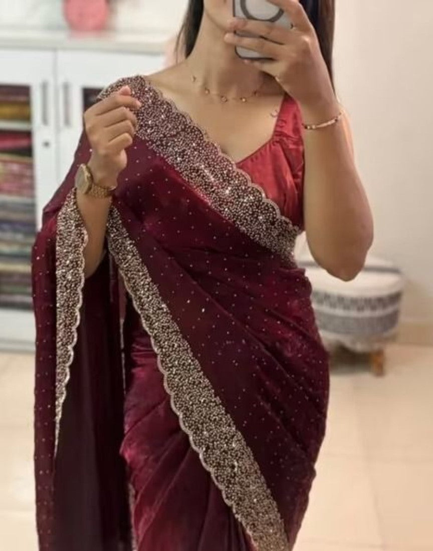 Generic Women's Fendy Chiffon Embellished Saree With Unstitched Blouse - 5.5 Mtr (Wine)