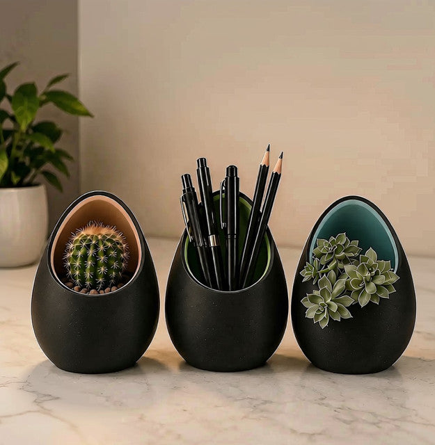 Generic Plastic Egg Shaped Nest Planters Set of 3 Pieces (Black)