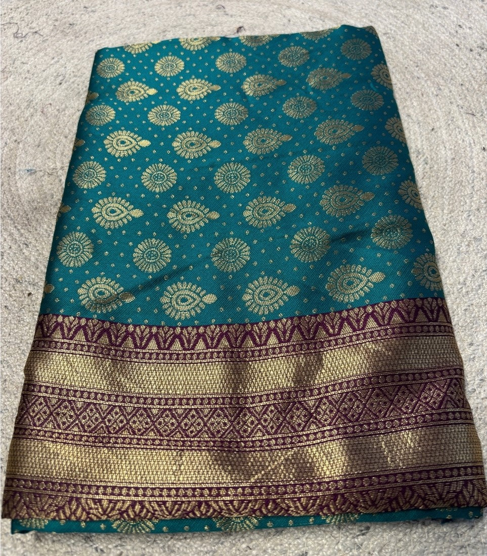 Generic Women's Jacquard Printed Saree With Unstitched Blouse - 5.5 Mtr (Teal-Purple)