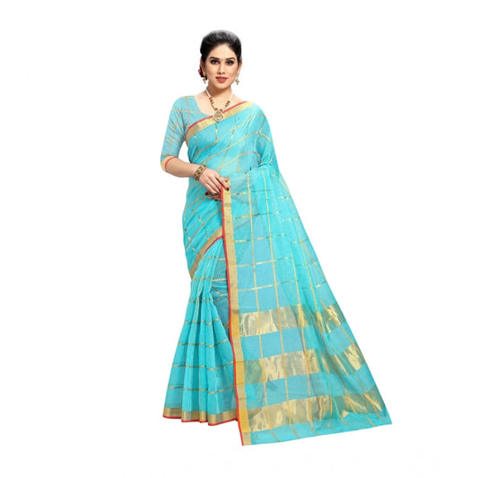 Generic Women's Kota Doria Cotton Saree With Blouse (Sky Blue,6-3 Mtrs)