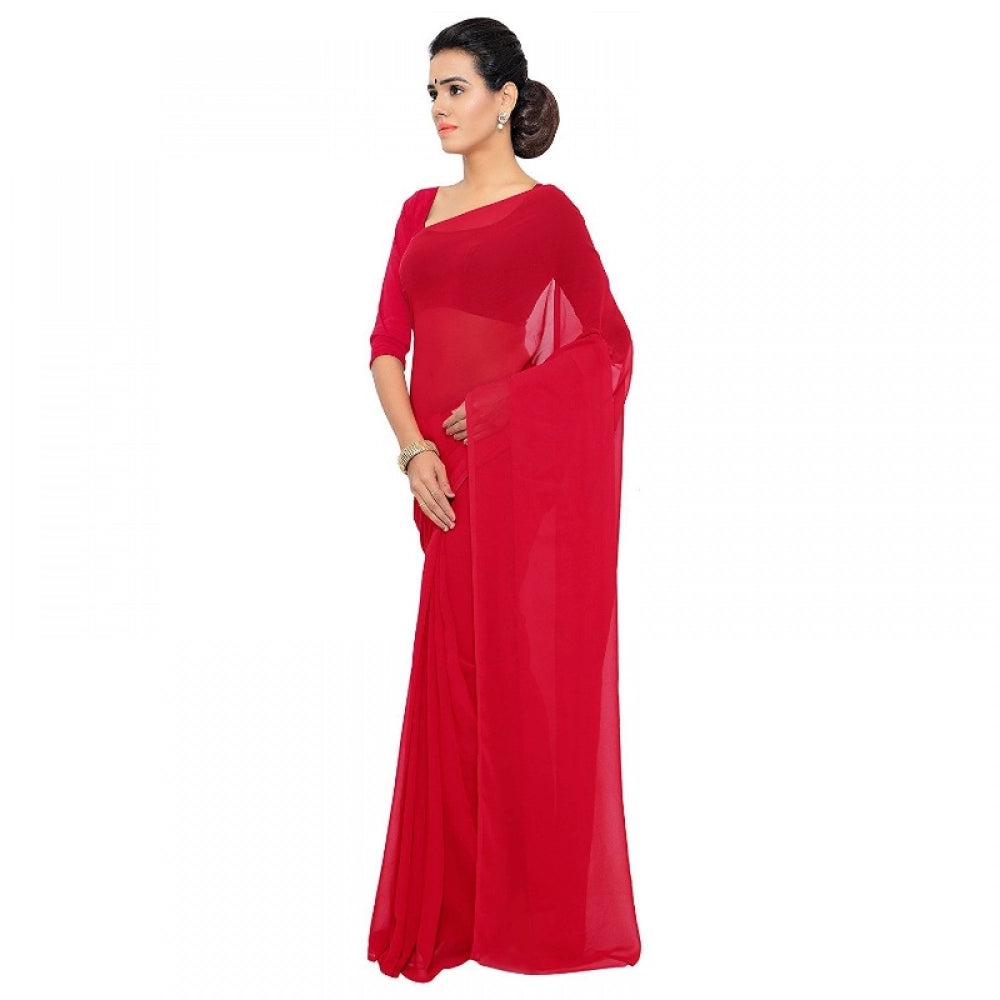 Women's Red Georgette Plain Saree With Blouse