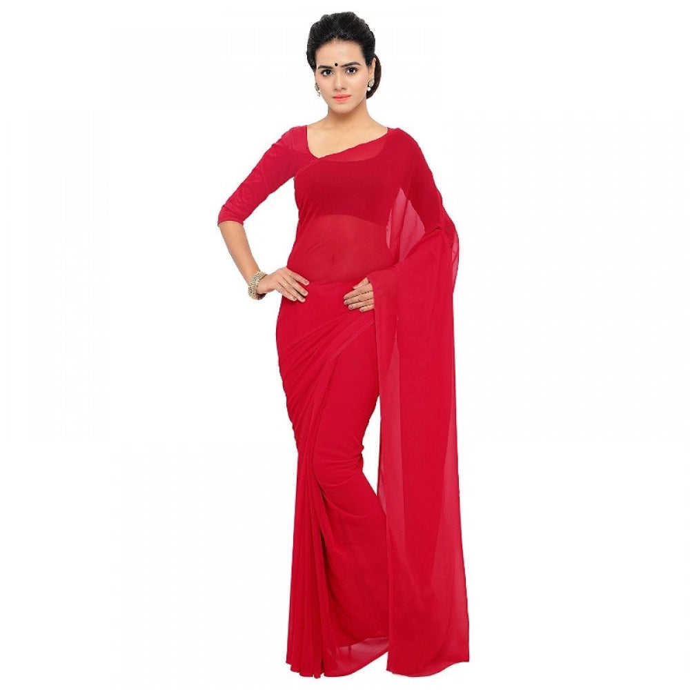 Women's Red Georgette Plain Saree With Blouse
