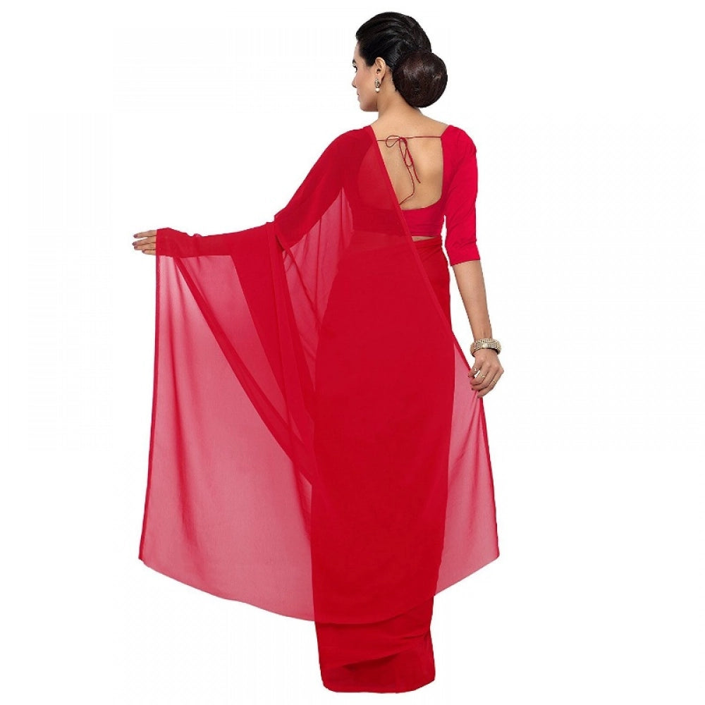 Women's Red Georgette Plain Saree With Blouse