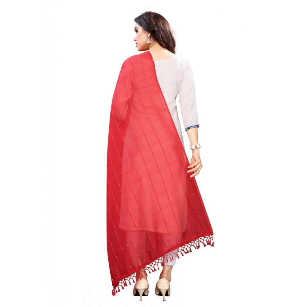 Generic Women's Cotton Silk Strips Printed Dupatta (Red, Length:2-2.4 mtr)