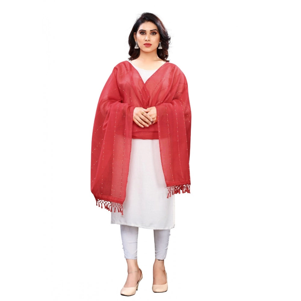 Generic Women's Cotton Silk Strips Printed Dupatta (Maroon, Length:2-2.4 mtr)