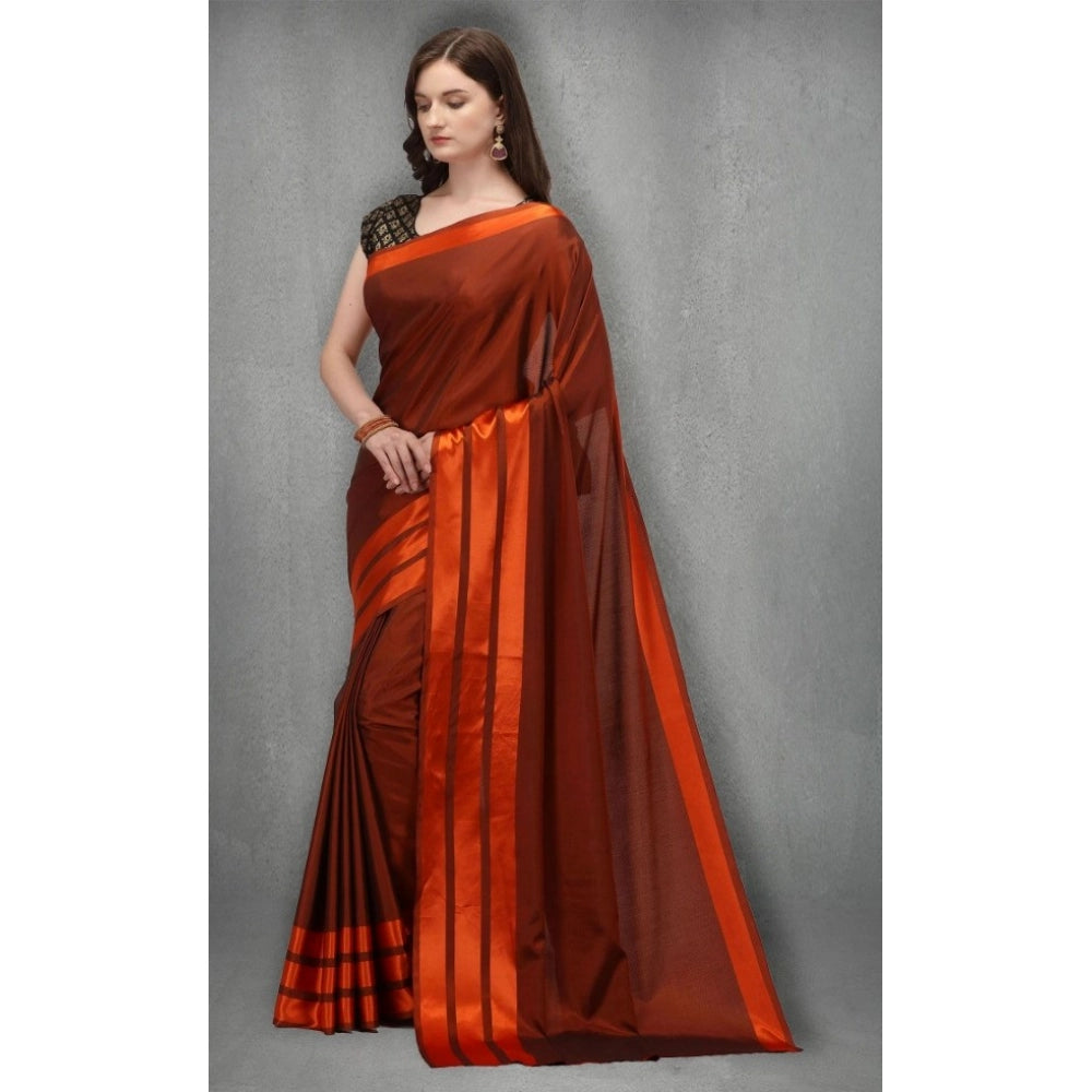 Women's Orange Satin Silk Striped Saree with Printed Unstitched Blouse