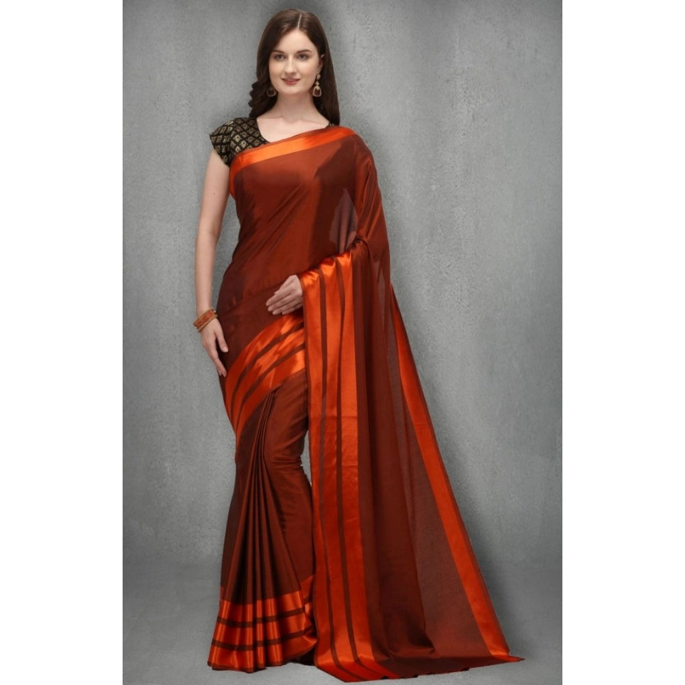 Women's Orange Satin Silk Striped Saree with Printed Unstitched Blouse