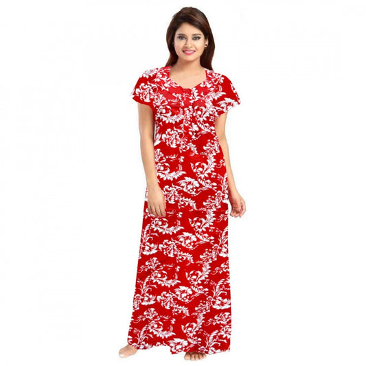 Women's Cotton Printed Maxi Nighty – Red | Short Sleeve