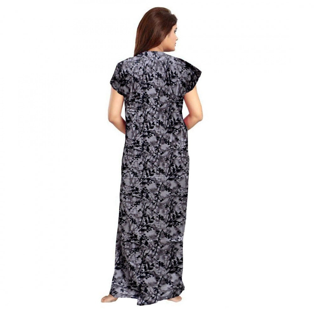 Women's Cotton Printed Maxi Nighty – Grey | Short Sleeve