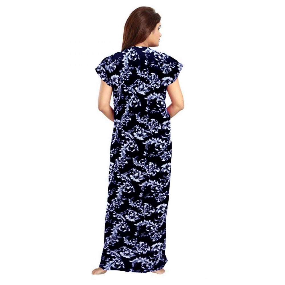 Women's Cotton Printed Maxi Nighty – Blue | Short Sleeve