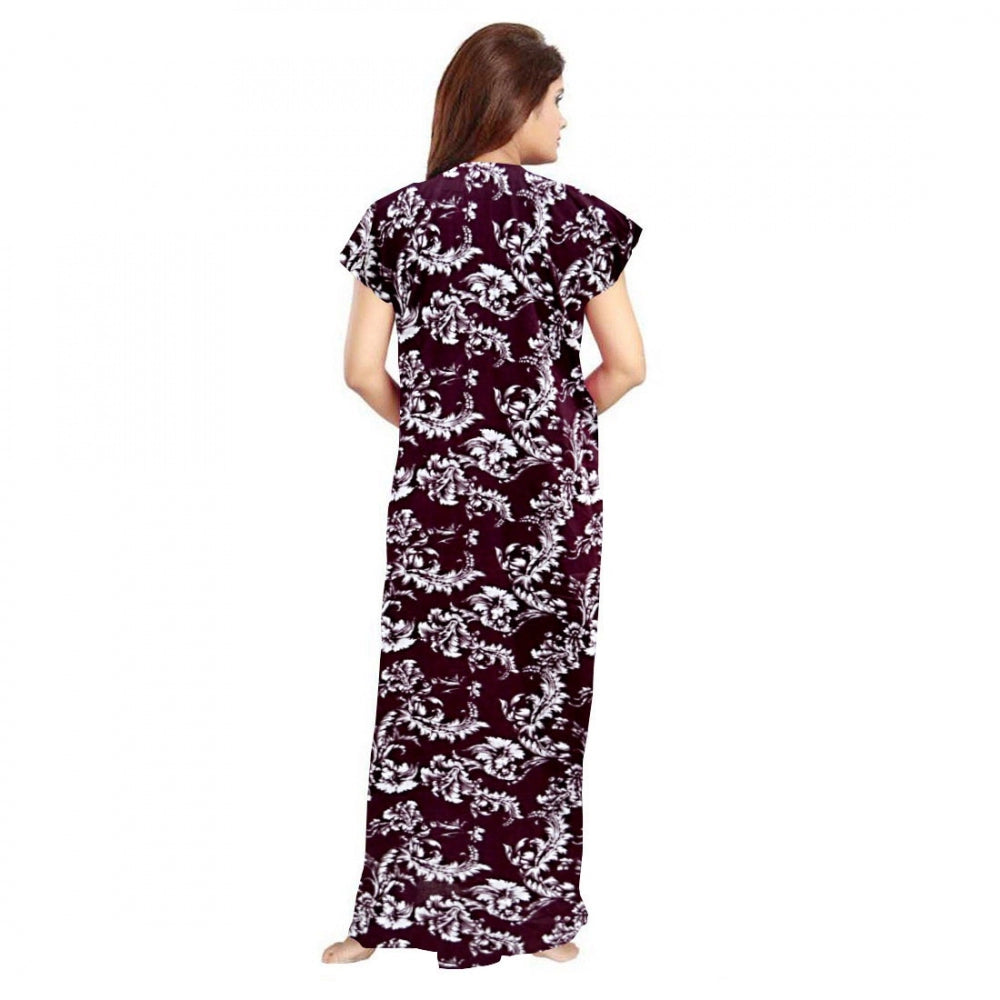 Women's Cotton Printed Maxi Nighty – Wine | Short Sleeve