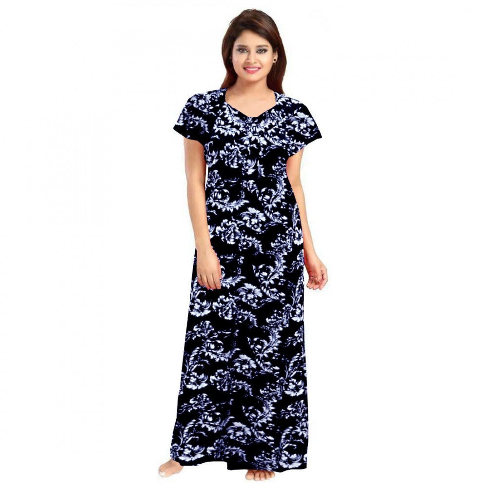 Women's Cotton Printed Maxi Nighty – Blue | Short Sleeve