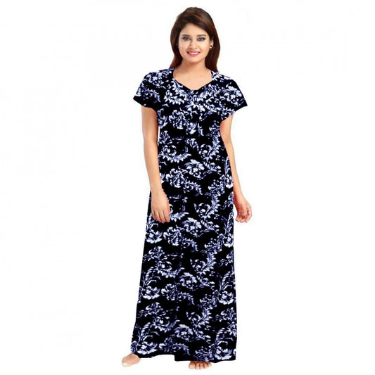 Women's Cotton Printed Maxi Nighty – Blue | Short Sleeve