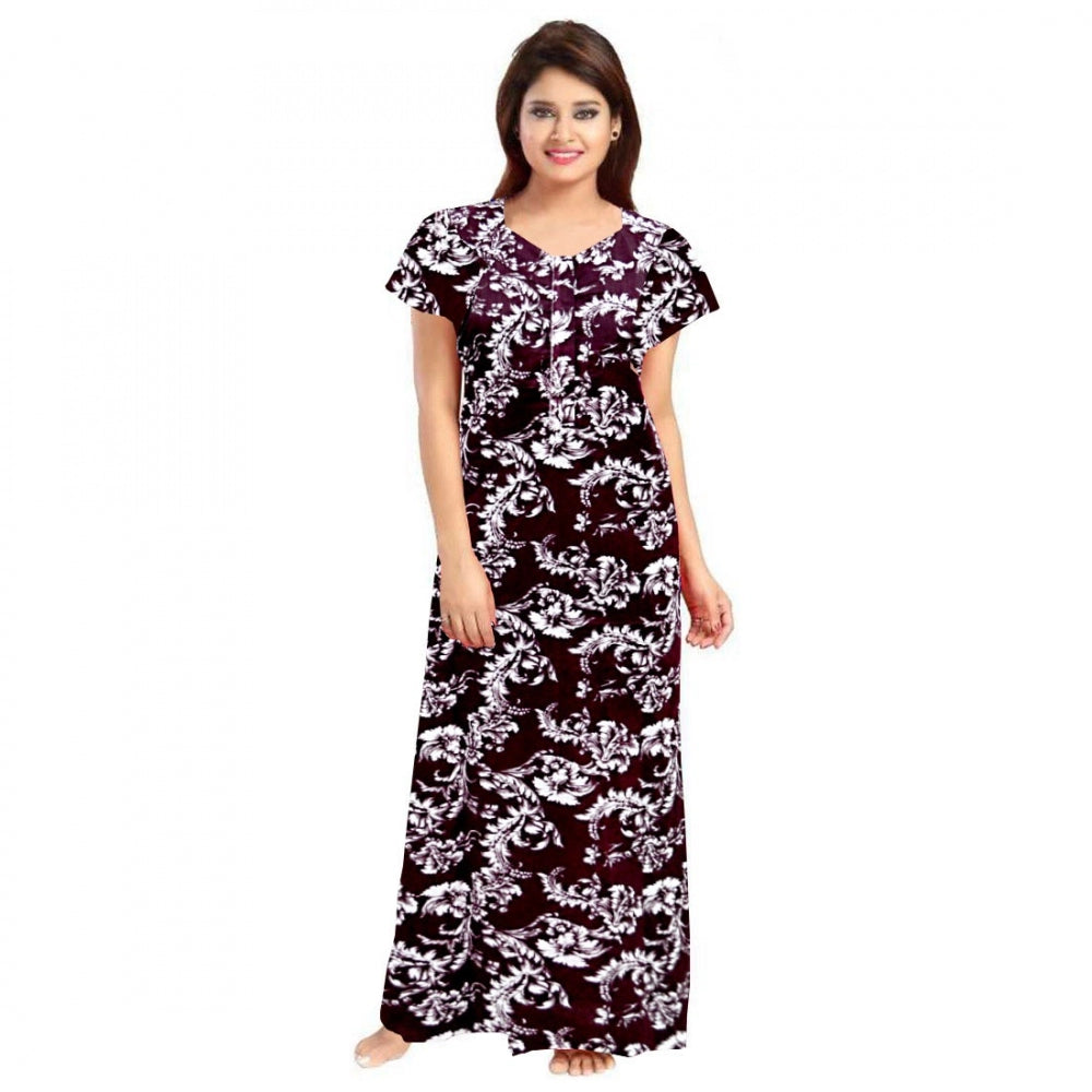 Women's Cotton Printed Maxi Nighty – Wine | Short Sleeve