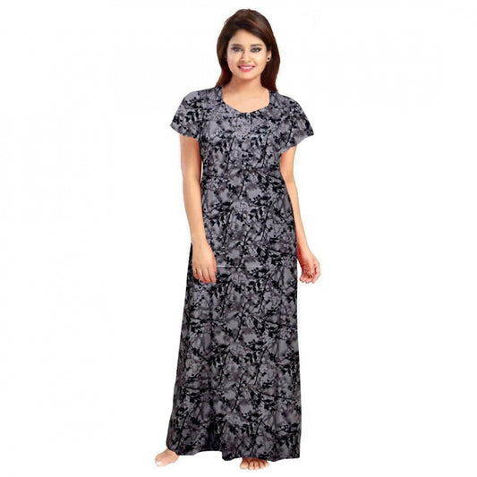 Women's Cotton Printed Maxi Nighty – Grey | Short Sleeve