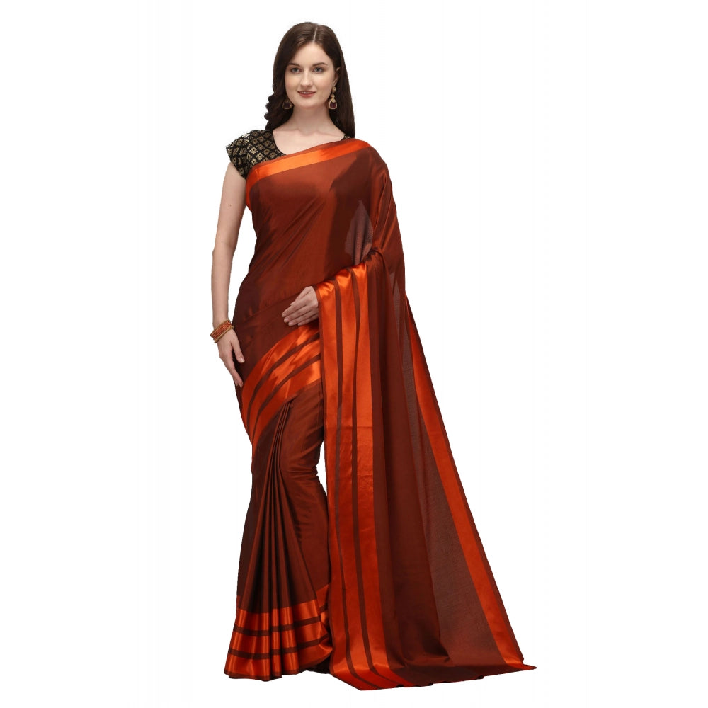 Women's Orange Satin Silk Striped Saree with Printed Unstitched Blouse