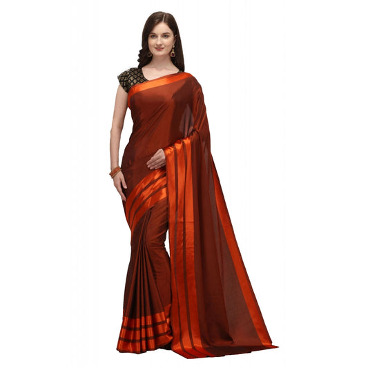 Women's Orange Satin Silk Striped Saree with Printed Unstitched Blouse