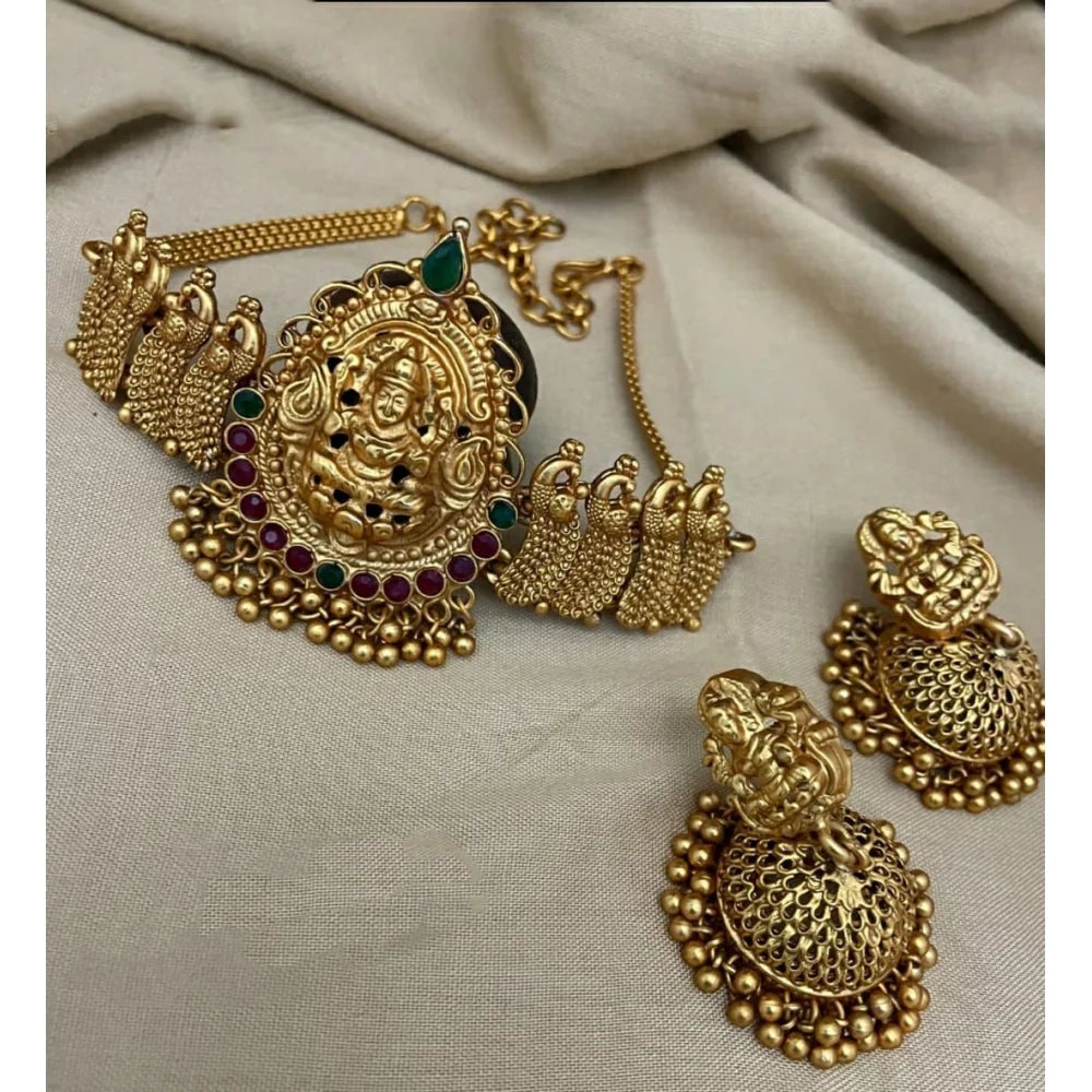 Women's Traditional Temple Necklace and Earrings Set in Gold (Multi Color, Free Size)