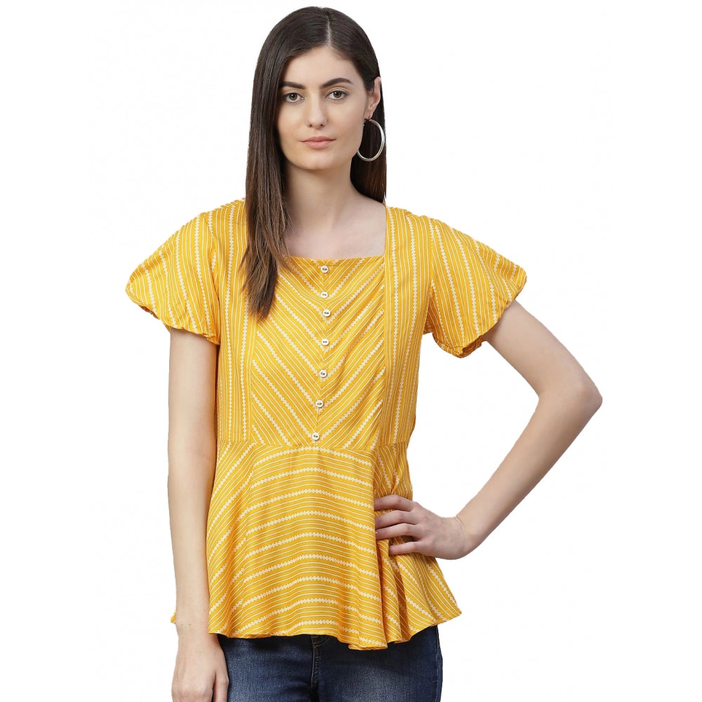 Women's Casual Short Sleeve Stripe Printed Rayon Top – Mustard