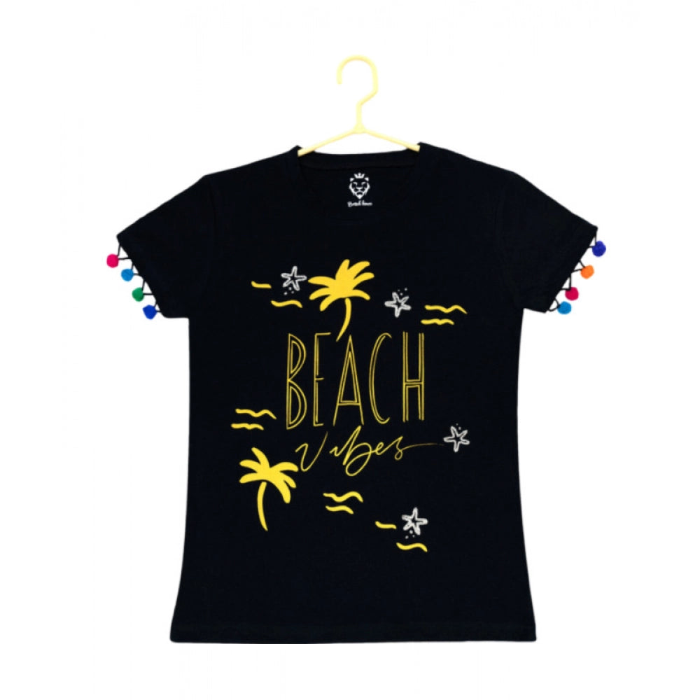 Girls' Casual Printed Cotton T-Shirt – Black
