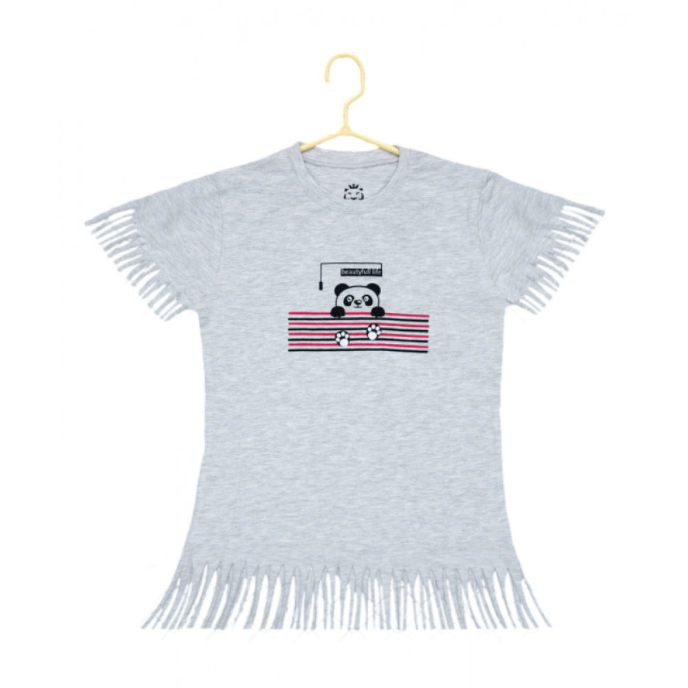 Girls' Casual Printed Cotton T-Shirt – Grey