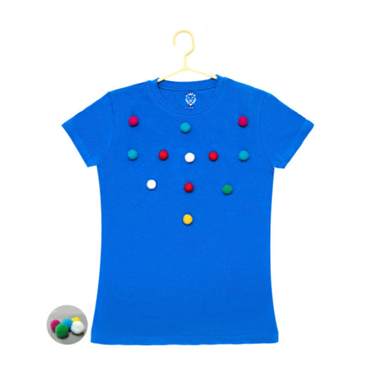 Girls Royal Blue Cotton T-Shirt with Pom Pom Balls