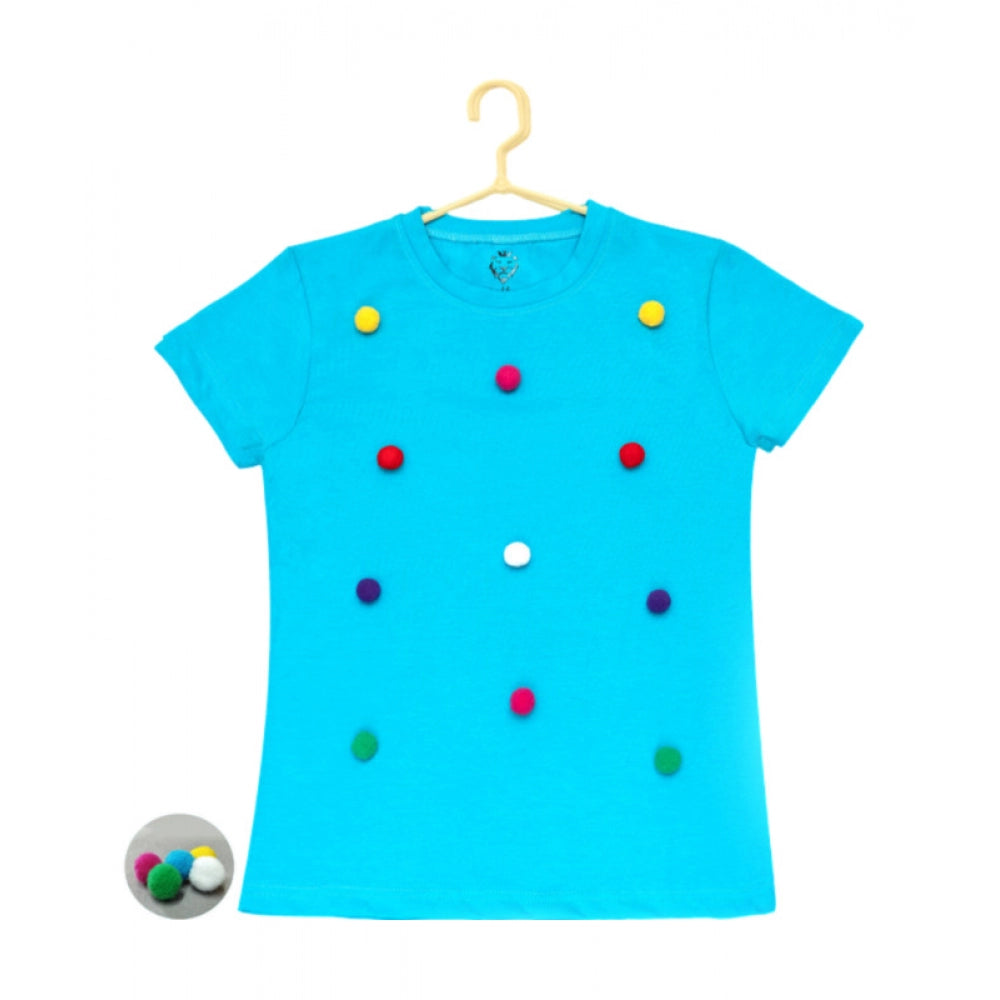 Girl's Casual Blue Cotton T-Shirt with Pom Pom Balls – Short Sleeve
