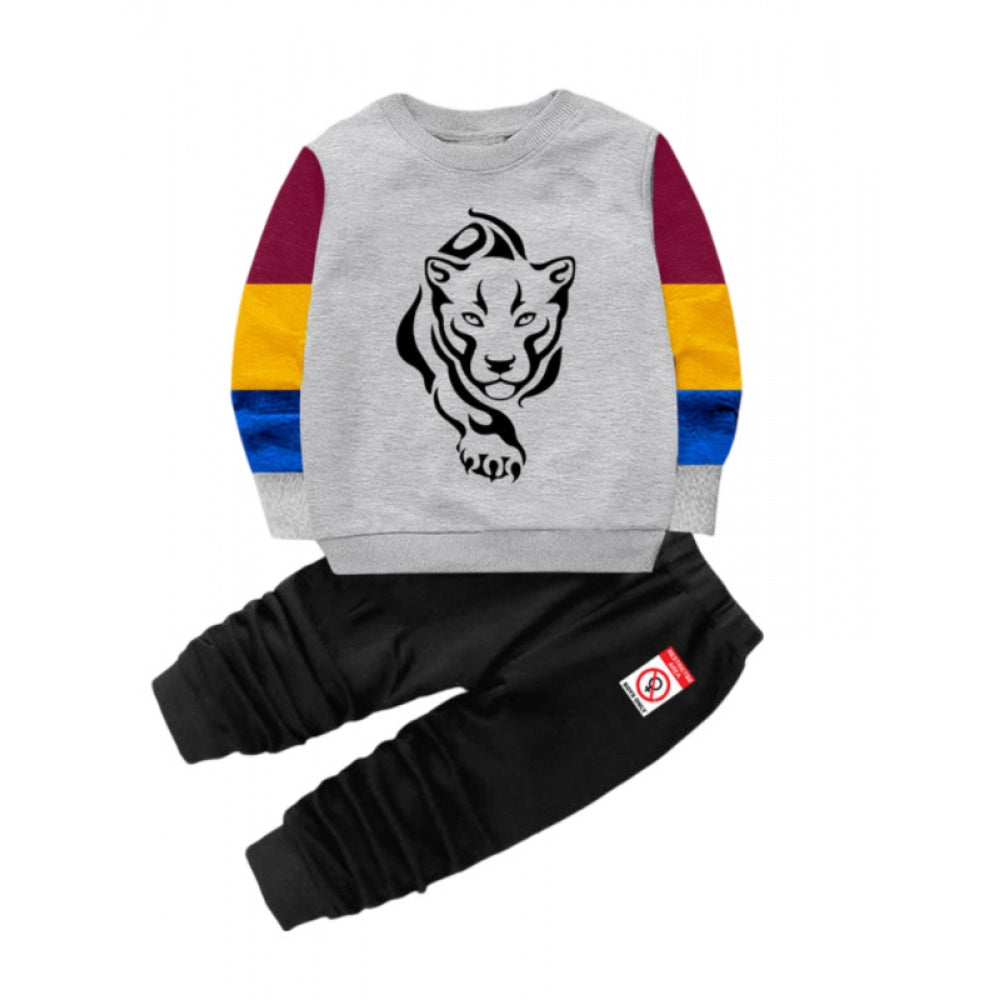 Boys' Casual Printed Cotton T-Shirt & Pant Set – Grey