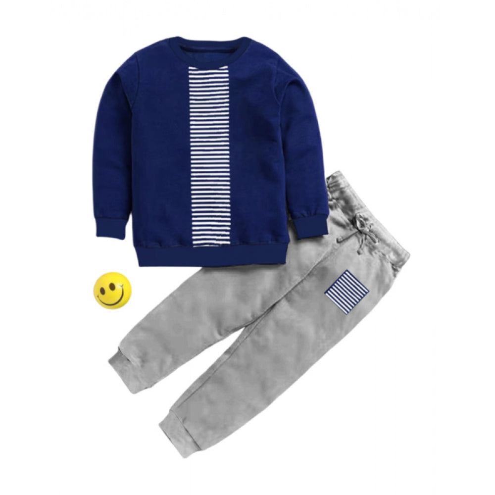 Boys' Casual Printed Cotton T-Shirt & Pant Set – Navy Blue