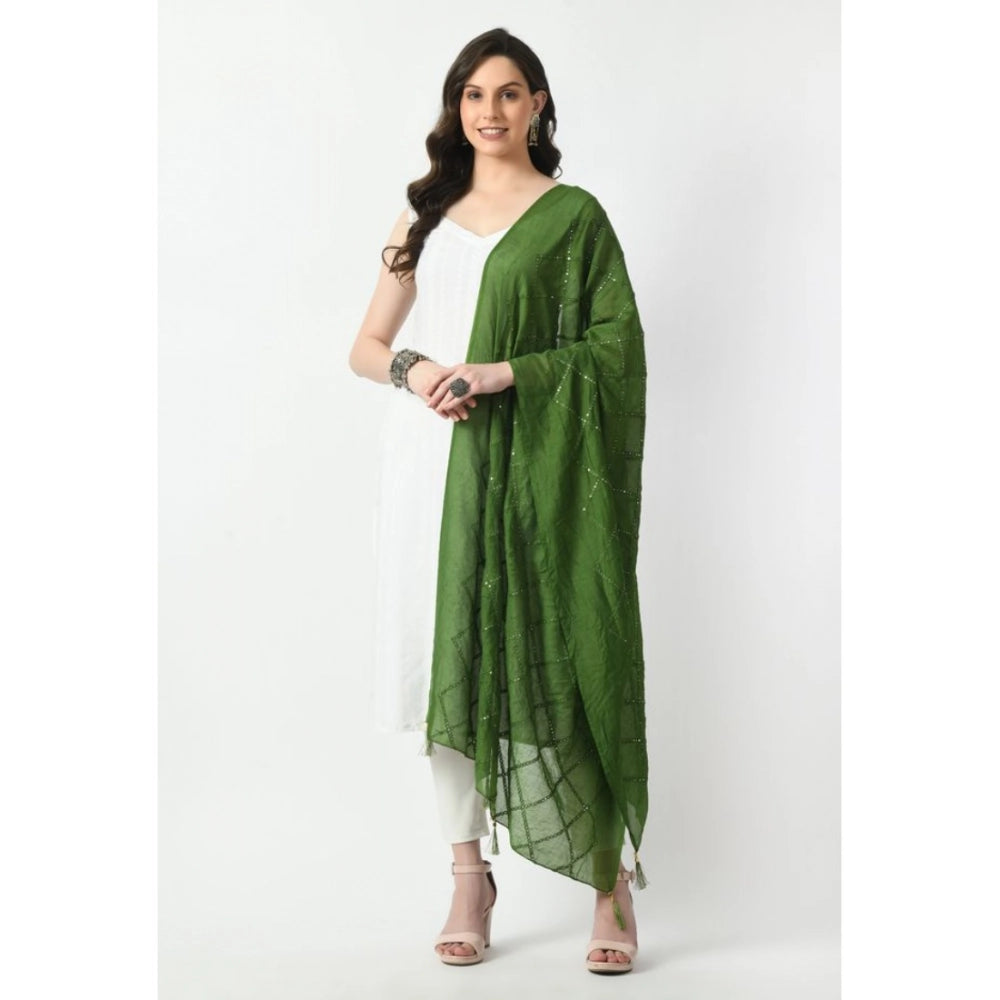 Women's Green Chanderi Self Design Festive Dupatta