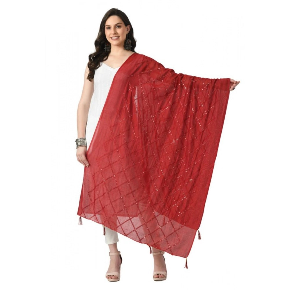 Women's Maroon Chanderi Self Design Festive Dupatta