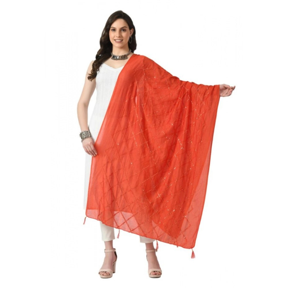 Women's Orange Chanderi Self Design Festive Dupatta