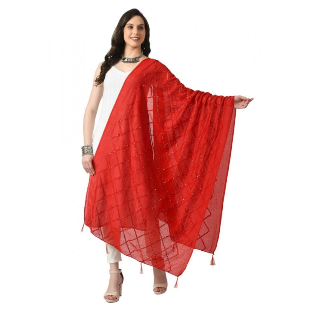 Women's Red Chanderi Self Design Festive Dupatta