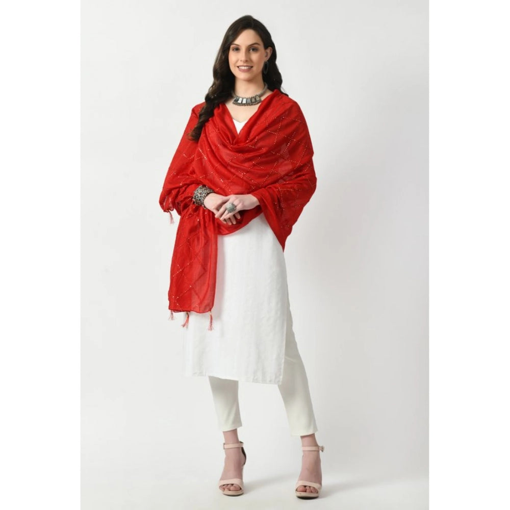 Women's Red Chanderi Self Design Festive Dupatta