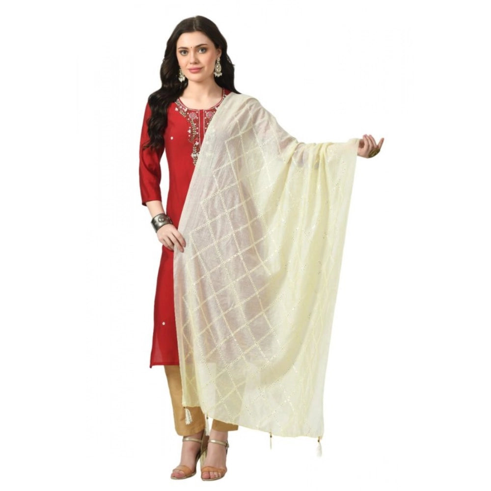 Women's Off White Chanderi Self Design Festive Dupatta
