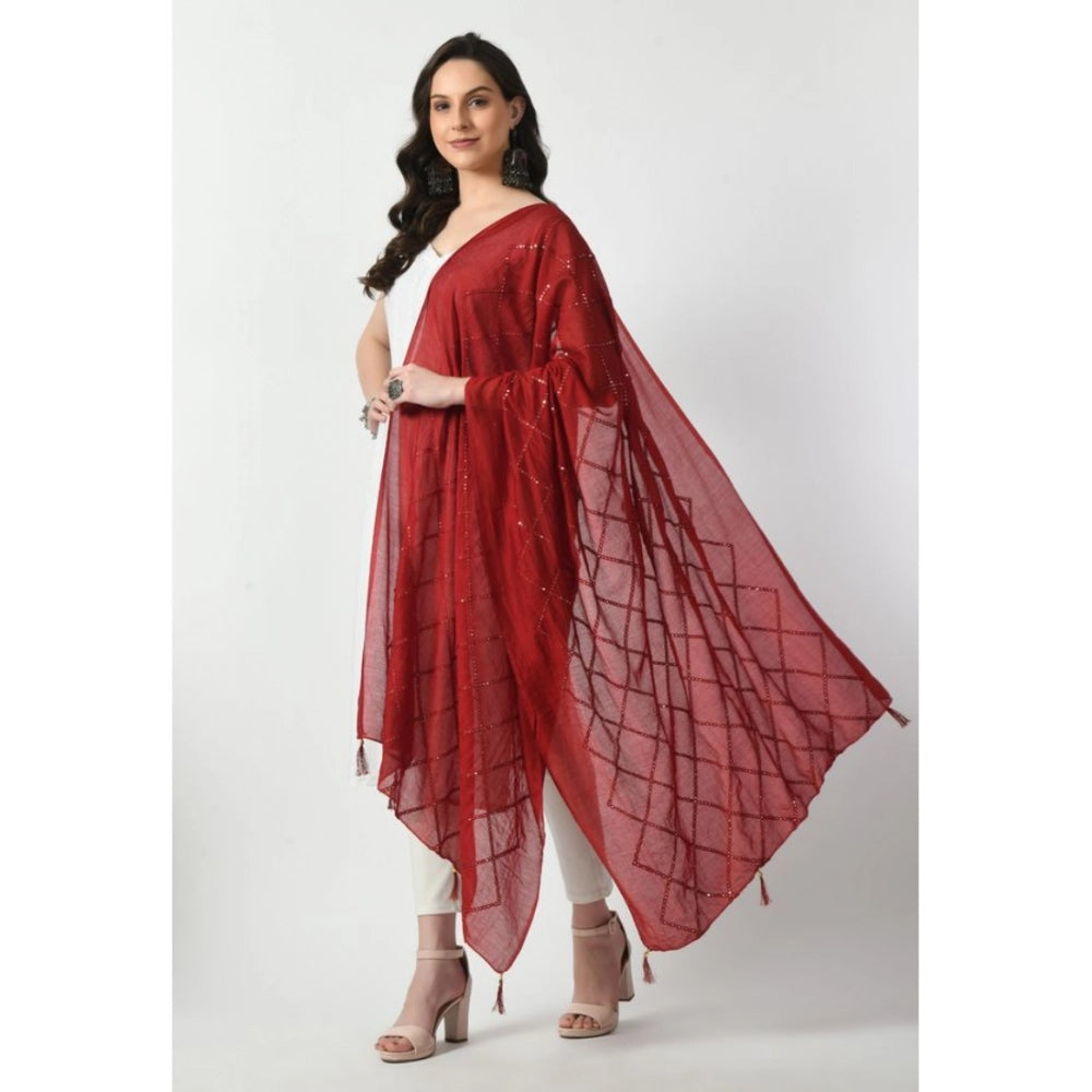 Women's Maroon Chanderi Self Design Festive Dupatta