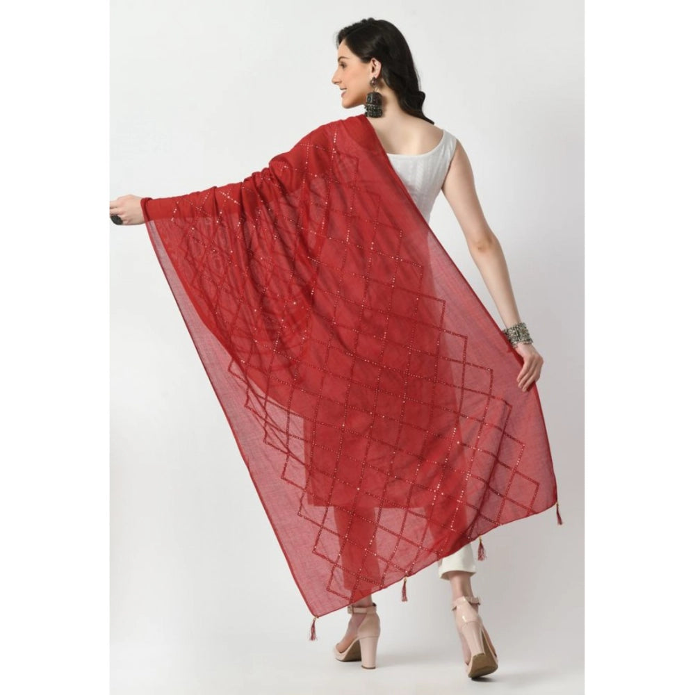 Women's Maroon Chanderi Self Design Festive Dupatta