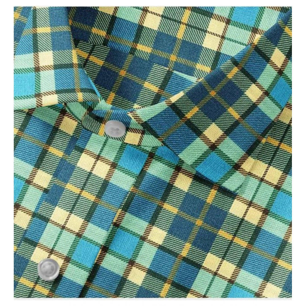 Generic Men's Green-Yellow Cotton Blend Checked Full Sleeve Shirt