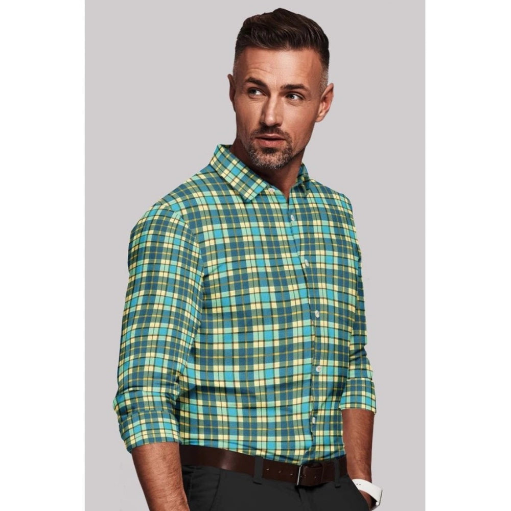 Generic Men's Green-Yellow Cotton Blend Checked Full Sleeve Shirt