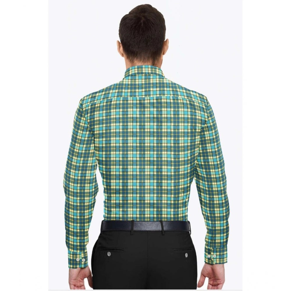 Generic Men's Green-Yellow Cotton Blend Checked Full Sleeve Shirt
