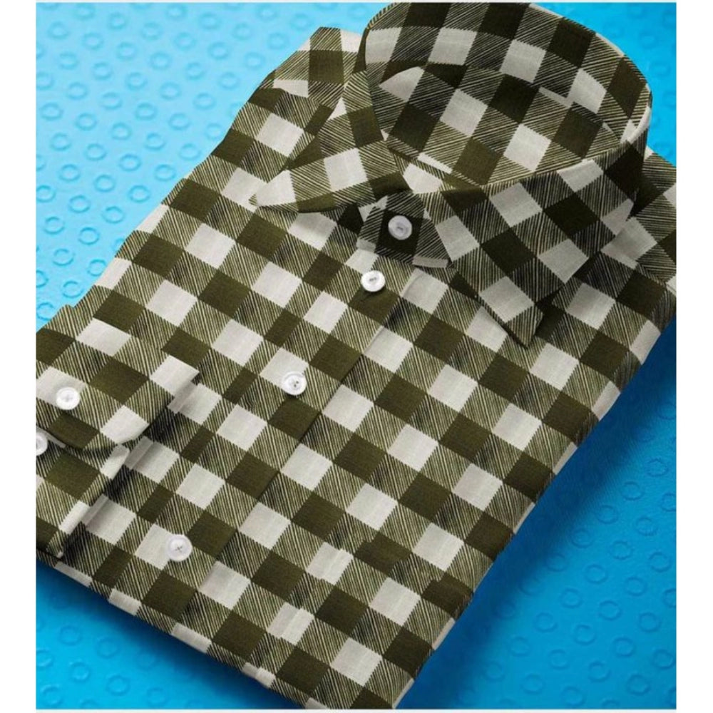 Generic Men's White-Green Cotton Blend Checked Full Sleeve Shirt