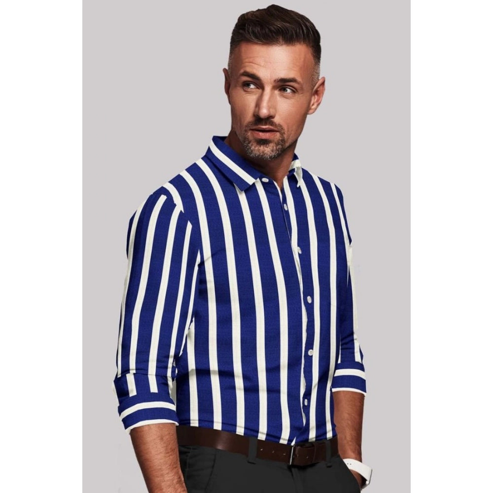Generic Men's White-Blue Cotton Blend Striped Full Sleeve Shirt