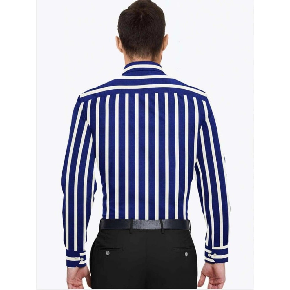 Generic Men's White-Blue Cotton Blend Striped Full Sleeve Shirt