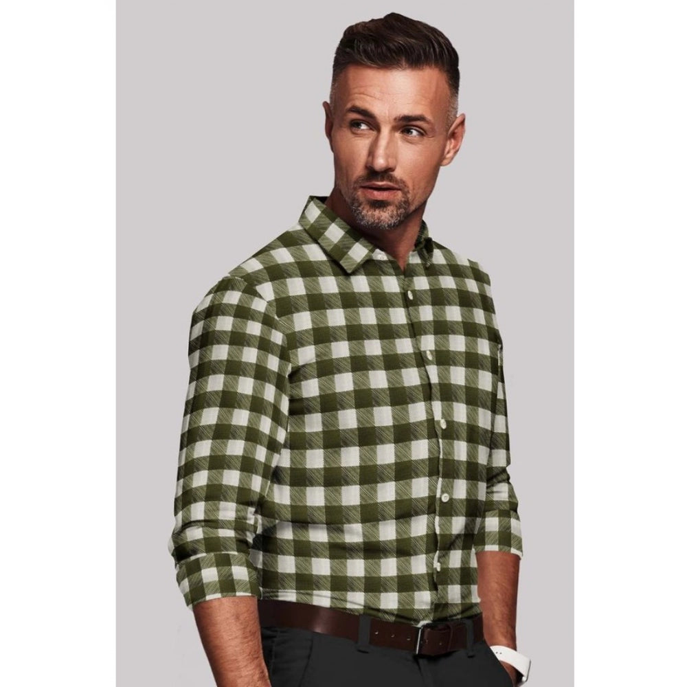Generic Men's White-Green Cotton Blend Checked Full Sleeve Shirt