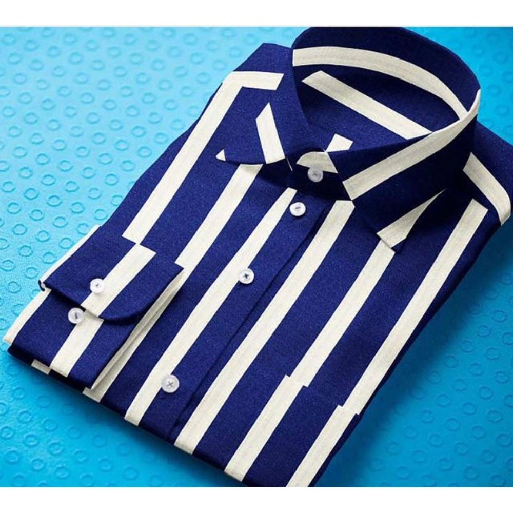 Generic Men's White-Blue Cotton Blend Striped Full Sleeve Shirt