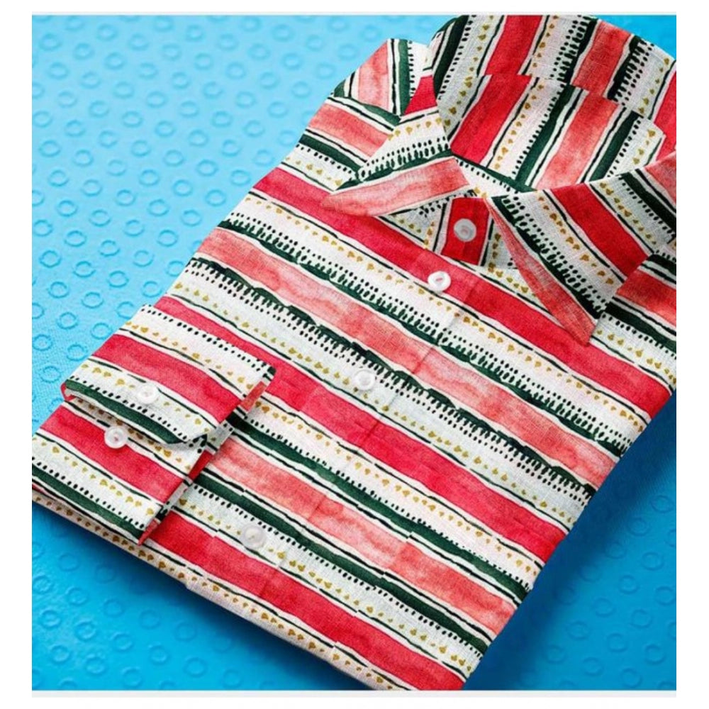 Men's Red-White Cotton Blend Striped Full Sleeve Shirt