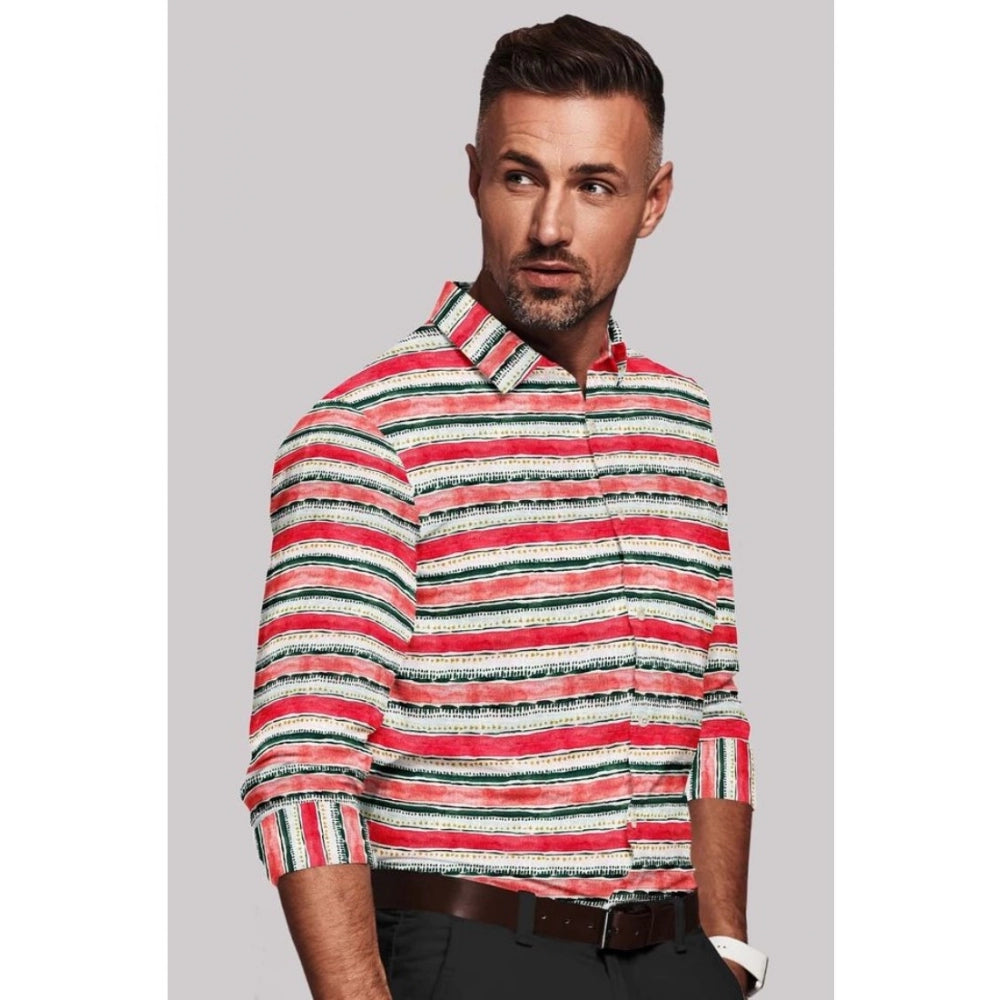 Men's Red-White Cotton Blend Striped Full Sleeve Shirt