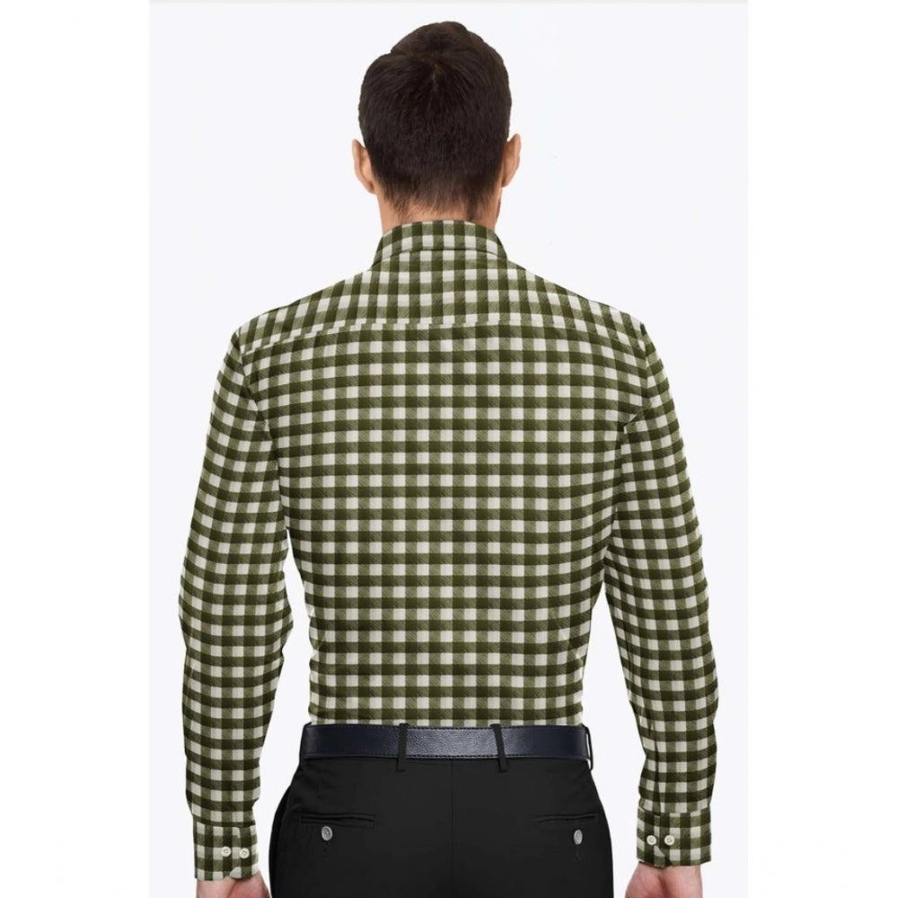 Generic Men's White-Green Cotton Blend Checked Full Sleeve Shirt