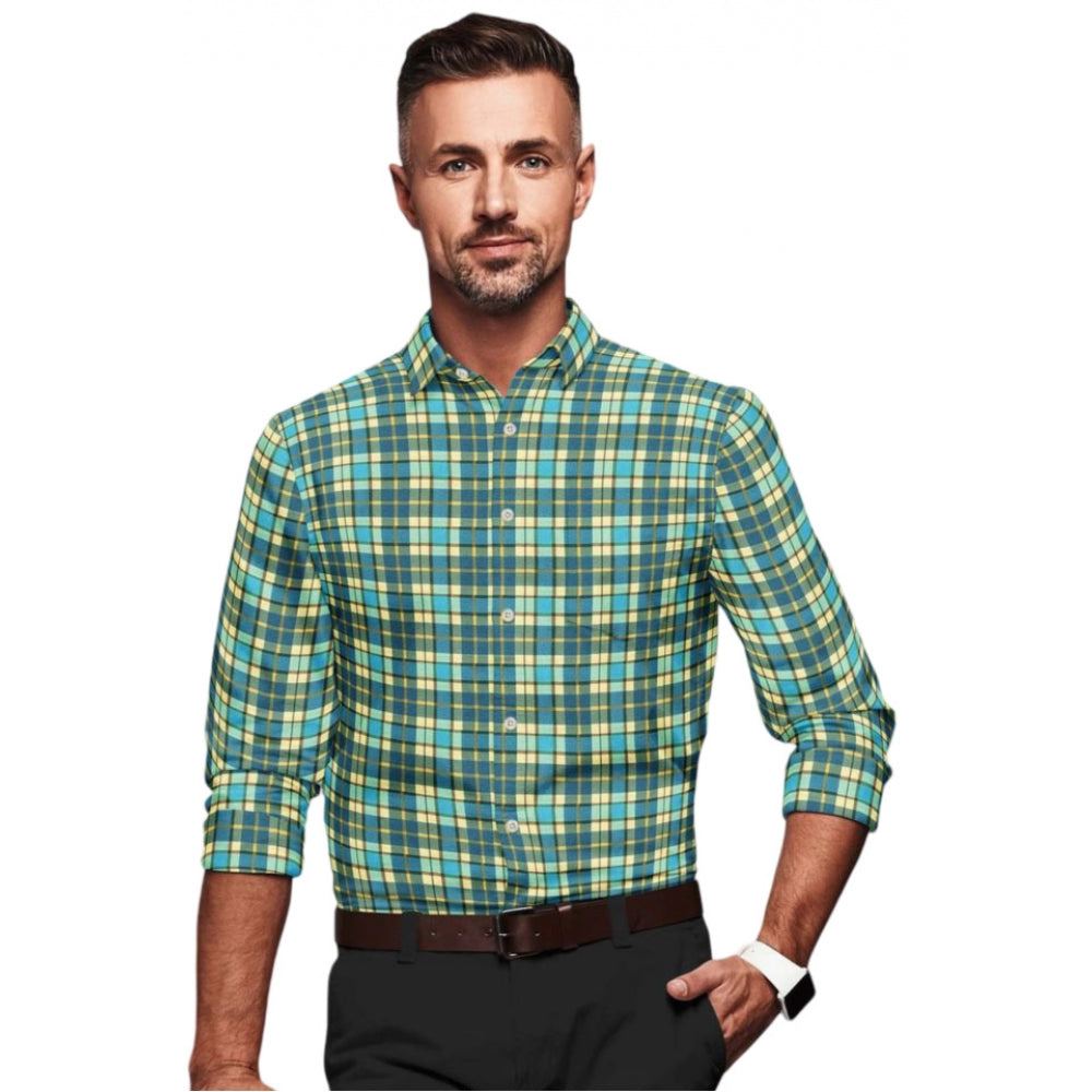 Generic Men's Green-Yellow Cotton Blend Checked Full Sleeve Shirt